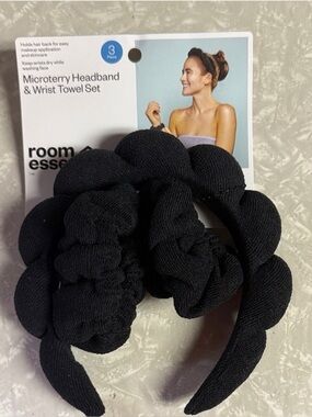 Room Essentials Black Microterry Headband and wrist towel set
